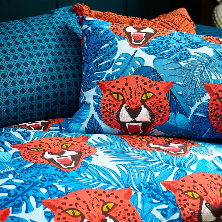 Untamed Cheetah Botanical Duvet Cover Set Blue King