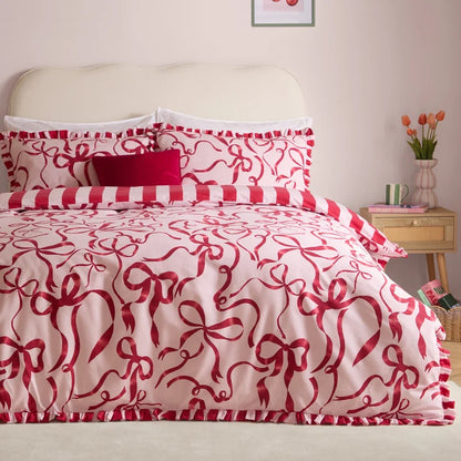 La Vie En Bows Reversible Duvet Cover Set Pink/Red Double
