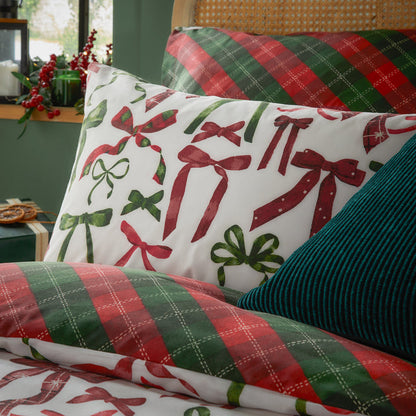 Nathalie Festive Bows Printed Duvet Cover Set Berry/Pine Super King