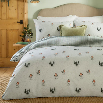 Robins Return Brushed Cotton Duvet Cover Set Cream/Pine Super King