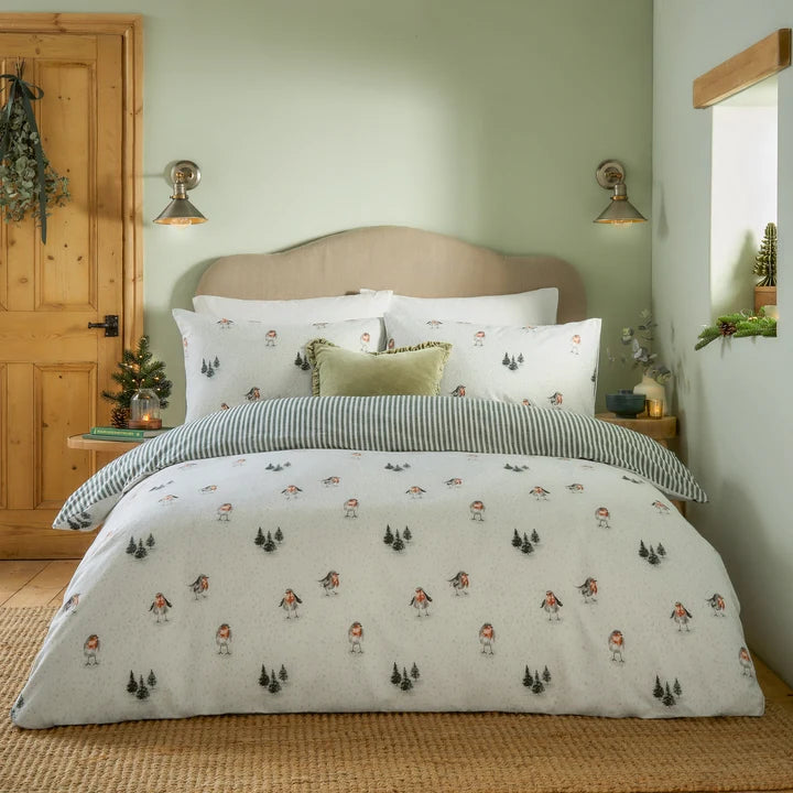 Robins Return Brushed Cotton Duvet Cover Set Cream/Pine Super King
