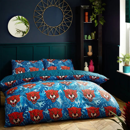 Untamed Cheetah Botanical Duvet Cover Set Blue King