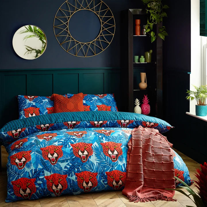 Untamed Cheetah Botanical Duvet Cover Set Blue King