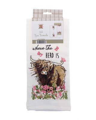 Home Is Where The Herd Is Highland Cow 100% Cotton 2 Pack Terry Tea Towels
